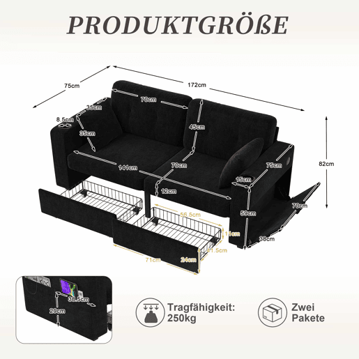 Sofá de 2 lugares - com arrumação, porta-USB, porta-copos e bolsos laterais - preto