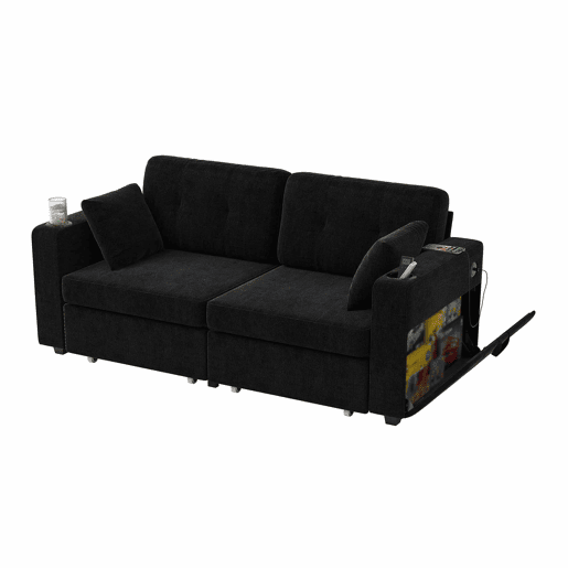 Sofá de 2 lugares - com arrumação, porta-USB, porta-copos e bolsos laterais - preto