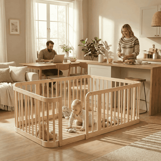 Parque infantil modular 90 x 200 cm - Espaço seguro entre barras de 7 cm, bordas arredondadas, design anti-mordidas na base, porta de segurança multifuncional para bebés e animais de estimação - Madeira natural
