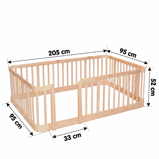 Parque infantil modular 90 x 200 cm - Espaço seguro entre barras de 7 cm, bordas arredondadas, design anti-mordidas na base, porta de segurança multifuncional para bebés e animais de estimação - Madeira natural