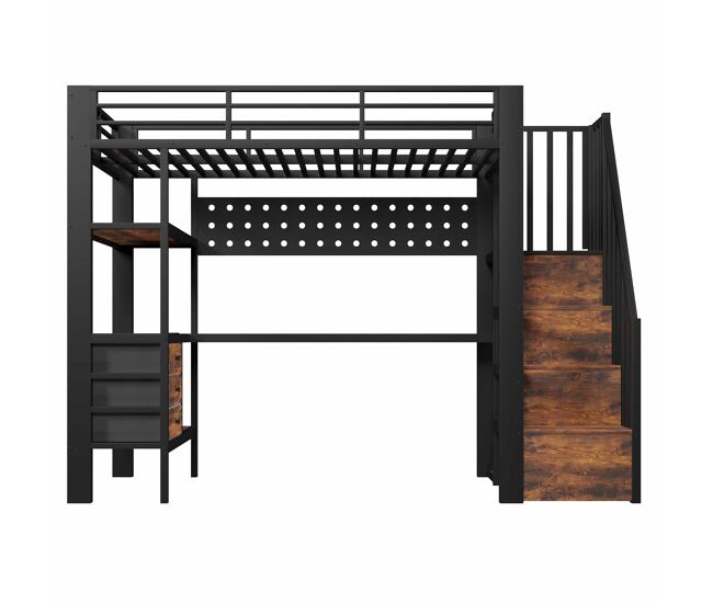 Cama alta 90x200 cm - metálica con escritorio, cajón, panel perforado, estantería, enchufe y luz led, sin colchón - negro