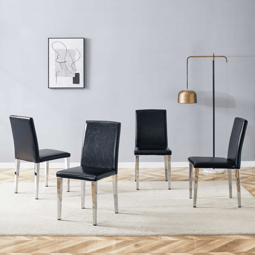 Cadeiras de sala de jantar, 4 unidades - design minimalista de luxo europeu leve, assento em pele sintética preta e pernas metálicas prateadas - preto e prateado