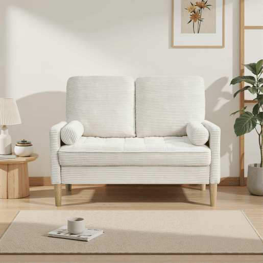 Sofá de 2 lugares - estilo escandinavo, estofado em veludo cotelê, almofadas acolchoadas - bege