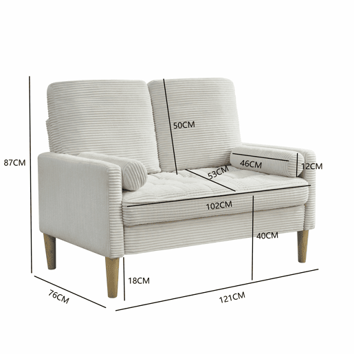 Sofá de 2 lugares - estilo escandinavo, estofado em veludo cotelê, almofadas acolchoadas - bege