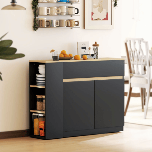 HOMCOM Aparador de Cozinha Estreito com 2 Gavetas, 3 Prateleiras Abertas, 2 Portas, Prateleira Ajustável, Aparador Nórdico para Sala de Jantar, 110x29,5x82 cm, Preto