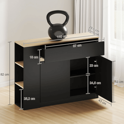 HOMCOM Aparador de Cozinha Estreito com 2 Gavetas, 3 Prateleiras Abertas, 2 Portas, Prateleira Ajustável, Aparador Nórdico para Sala de Jantar, 110x29,5x82 cm, Preto