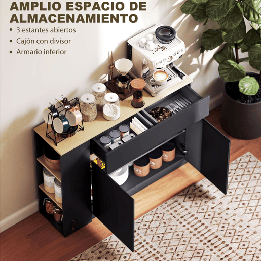HOMCOM Aparador de Cozinha Estreito com 2 Gavetas, 3 Prateleiras Abertas, 2 Portas, Prateleira Ajustável, Aparador Nórdico para Sala de Jantar, 110x29,5x82 cm, Preto