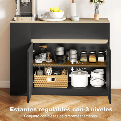 HOMCOM Aparador de Cozinha Estreito com 2 Gavetas, 3 Prateleiras Abertas, 2 Portas, Prateleira Ajustável, Aparador Nórdico para Sala de Jantar, 110x29,5x82 cm, Preto