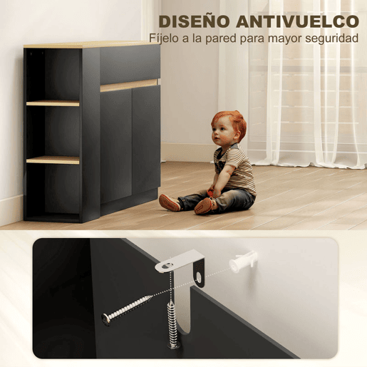 HOMCOM Aparador de Cozinha Estreito com 2 Gavetas, 3 Prateleiras Abertas, 2 Portas, Prateleira Ajustável, Aparador Nórdico para Sala de Jantar, 110x29,5x82 cm, Preto