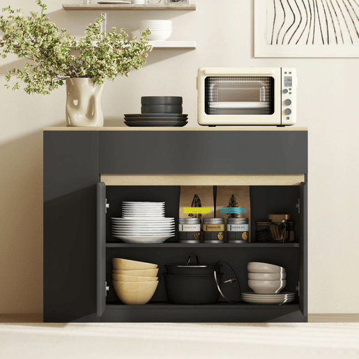 HOMCOM Aparador de Cozinha Estreito com 2 Gavetas, 3 Prateleiras Abertas, 2 Portas, Prateleira Ajustável, Aparador Nórdico para Sala de Jantar, 110x29,5x82 cm, Preto