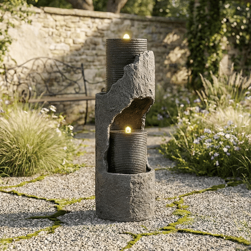 Pequena fonte de jardim - com iluminação LED, bomba de água, revestimento em pedra artificial e lagoa decorativa - cinzenta