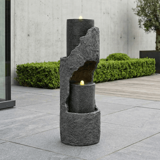 Pequena fonte de jardim - com iluminação LED, bomba de água, revestimento em pedra artificial e lagoa decorativa - cinzenta