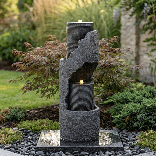 Pequena fonte de jardim - com iluminação LED, bomba de água, revestimento em pedra artificial e lagoa decorativa - cinzenta