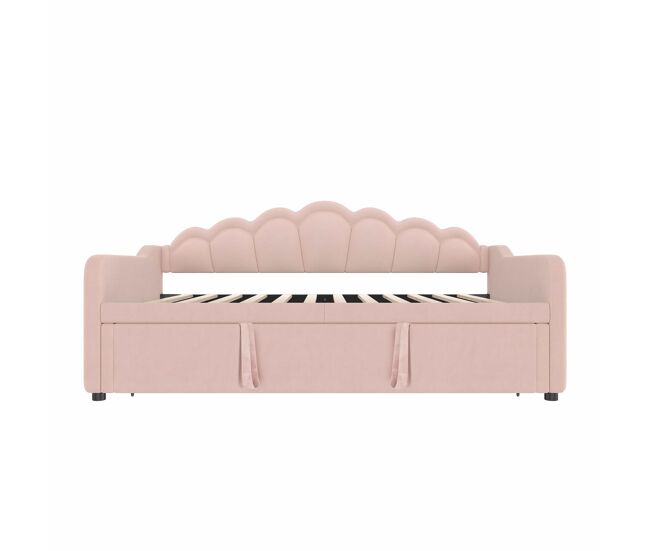 Cama nido extensible 90x200cm (180x200cm) - sofá cama, cama individual/doble, terciopelo, tira led de colores, sin colchón - rosa