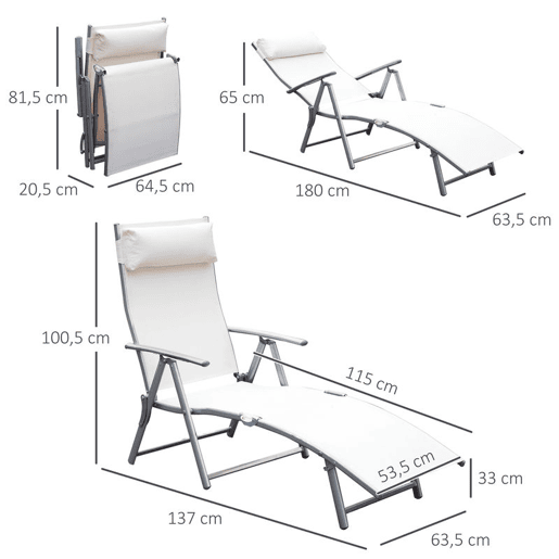 Outsunny Conjunto de 2 Espreguiçadeiras Dobráveis de Jardim com Encosto Ajustável Almofada e Apoio para os Braços Carga 165 kg para Piscina varanda Campismo 137x63,5x100,5 cm Bege