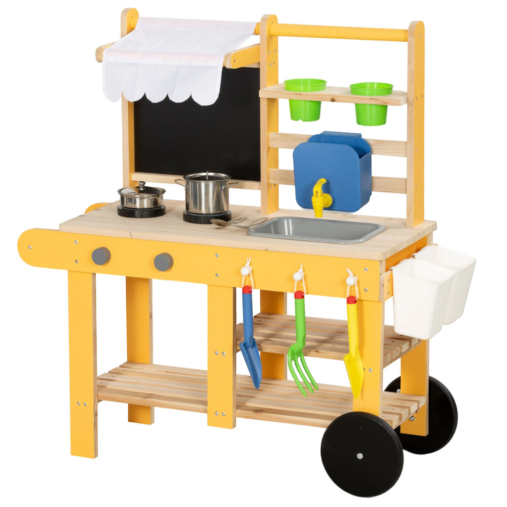 Aiyaplay cocina de juguete exterior con ruedas, cocinita infantil de madera con agua real, fregadero, estufas, estantes, macetas, pizarra y 15 accesorios, 84,2x34,4x90 cm, amarillo