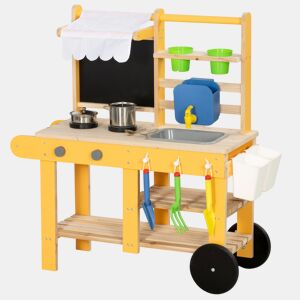 AIYAPLAY Cozinha Infantil Exterior com Rodas Cozinha de Brincar de Madeira com Água Real Lava-Loiça Fogões Prateleiras Vasos, Quadro e 15 Acessórios 84,2x34,4x90 cm Amarelo
