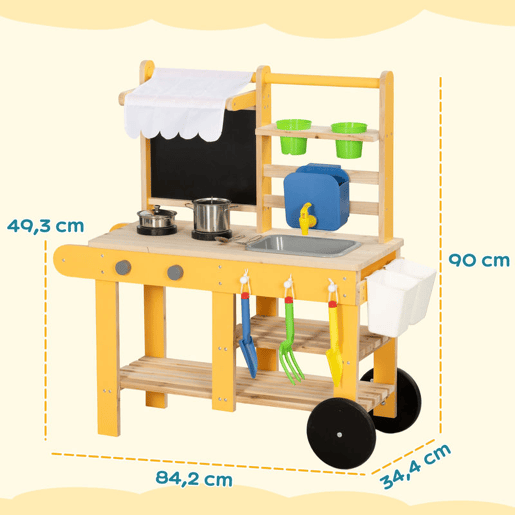AIYAPLAY Cozinha Infantil Exterior com Rodas Cozinha de Brincar de Madeira com Água Real Lava-Loiça Fogões Prateleiras Vasos, Quadro e 15 Acessórios 84,2x34,4x90 cm Amarelo