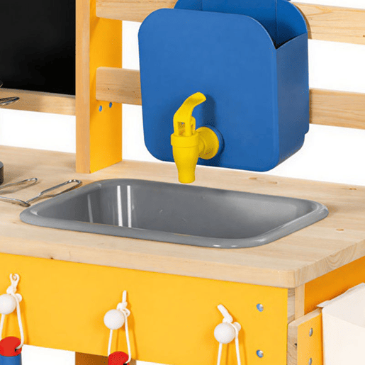 AIYAPLAY Cozinha Infantil Exterior com Rodas Cozinha de Brincar de Madeira com Água Real Lava-Loiça Fogões Prateleiras Vasos, Quadro e 15 Acessórios 84,2x34,4x90 cm Amarelo
