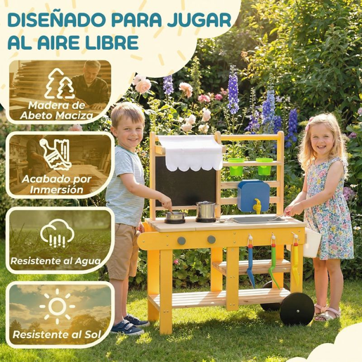 AIYAPLAY Cozinha Infantil Exterior com Rodas Cozinha de Brincar de Madeira com Água Real Lava-Loiça Fogões Prateleiras Vasos, Quadro e 15 Acessórios 84,2x34,4x90 cm Amarelo