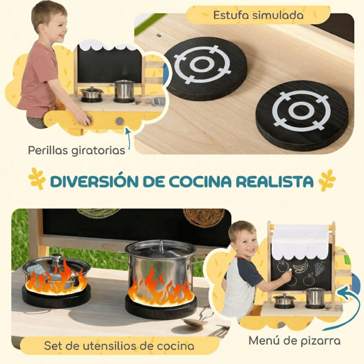 AIYAPLAY Cozinha Infantil Exterior com Rodas Cozinha de Brincar de Madeira com Água Real Lava-Loiça Fogões Prateleiras Vasos, Quadro e 15 Acessórios 84,2x34,4x90 cm Amarelo