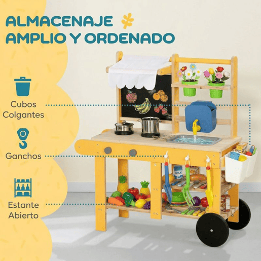 AIYAPLAY Cozinha Infantil Exterior com Rodas Cozinha de Brincar de Madeira com Água Real Lava-Loiça Fogões Prateleiras Vasos, Quadro e 15 Acessórios 84,2x34,4x90 cm Amarelo