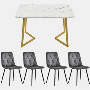 Conjunto de sala de jantar 117x68cm - Mesa retangular com 4 cadeiras, veludo cinzento, pernas douradas
