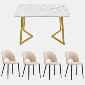 Conjunto de sala de jantar 117x68 cm - Mesa retangular, 4 cadeiras, veludo bege, pernas douradas