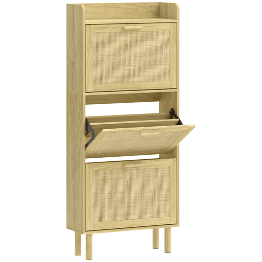 HOMCOM Sapateira Estreita com 3 Gavetas Rebatíveis Sapateira de Entrada com Prateleira Aberta Pés de Madeira para 12-18 Pares de Sapatos 65x24,5x153 cm Carvalho