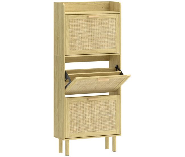 Homcom zapatero estrecho con 3 cajones abatibles, zapatero de recibidor entrada con estante abierto, patas de madera, para 12-18 pares de zapatos, 65x24,5x153 cm, roble