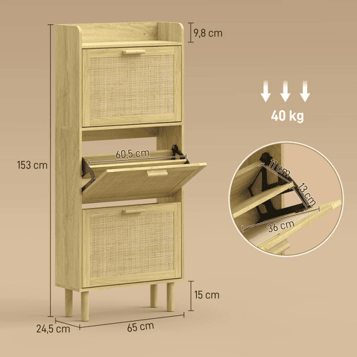 HOMCOM Sapateira Estreita com 3 Gavetas Rebatíveis Sapateira de Entrada com Prateleira Aberta Pés de Madeira para 12-18 Pares de Sapatos 65x24,5x153 cm Carvalho