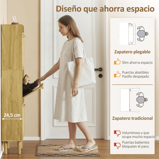 HOMCOM Sapateira Estreita com 3 Gavetas Rebatíveis Sapateira de Entrada com Prateleira Aberta Pés de Madeira para 12-18 Pares de Sapatos 65x24,5x153 cm Carvalho