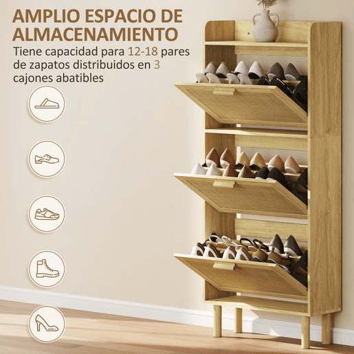 HOMCOM Sapateira Estreita com 3 Gavetas Rebatíveis Sapateira de Entrada com Prateleira Aberta Pés de Madeira para 12-18 Pares de Sapatos 65x24,5x153 cm Carvalho