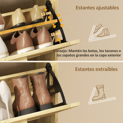 HOMCOM Sapateira Estreita com 3 Gavetas Rebatíveis Sapateira de Entrada com Prateleira Aberta Pés de Madeira para 12-18 Pares de Sapatos 65x24,5x153 cm Carvalho