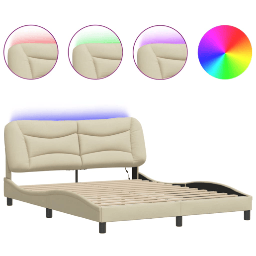Estrutura de Cama de casal moderno com LED - 160x200 cm tecido creme