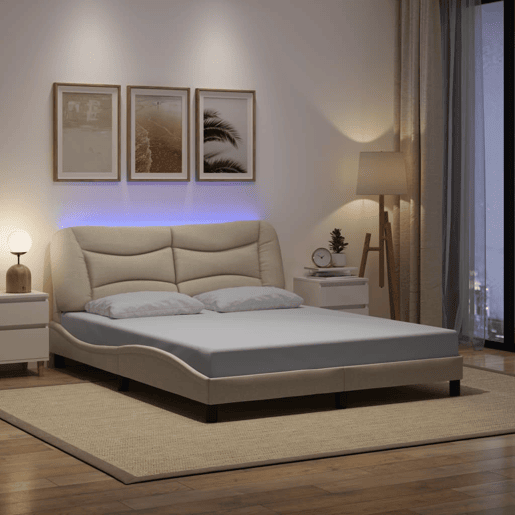 Estrutura de Cama de casal moderno com LED - 160x200 cm tecido creme