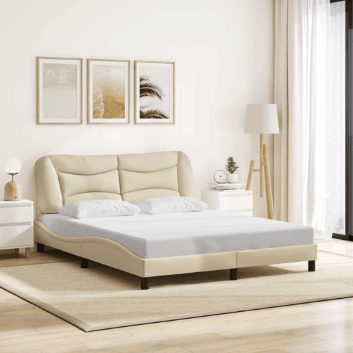 Estrutura de Cama de casal moderno com LED - 160x200 cm tecido creme