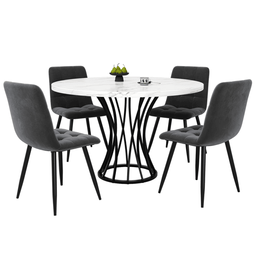 Conjunto de sala de jantar de 5 peças, 80 cm - mesa redonda branca em mármore, cadeiras em veludo cinzento - multicolorido