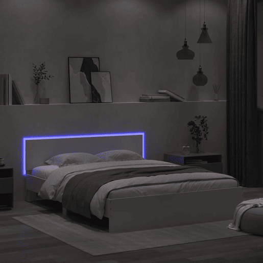 Estrutura de Cama de casal para adultos c cabeceira e luzes LED 150x200 cm branco