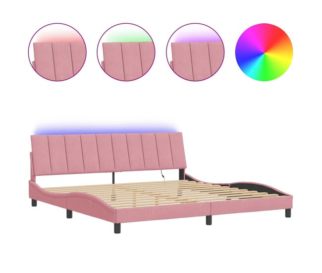Estructura de cama doble matrimonial con led - terciopelo rosa 200x200 cm