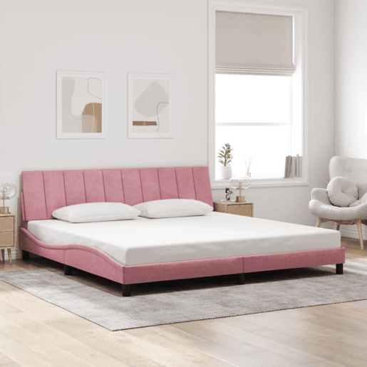 Estrutura de cama de casal moderno com LED - 200x200 cm veludo rosa