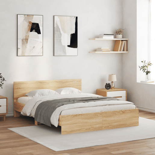Estrutura Cama de casal simple c cabeceiraluzes LED 150x200cm carvalho sonoma