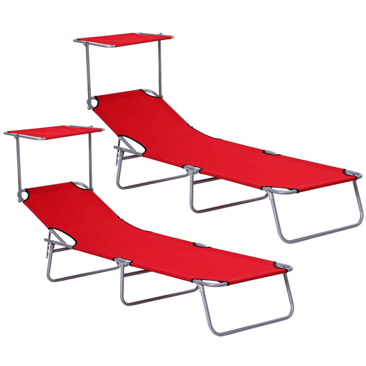 Outsunny Conjunto de 2 Espreguiçadeiras Dobrável de Jardim Reclináveis com Toldo Desmontável Ângulo Regulável e Encosto Ajustável em 4 Níveis 187x58x36 cm Vermelho