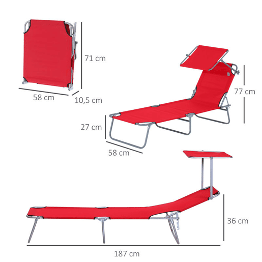 Outsunny Conjunto de 2 Espreguiçadeiras Dobrável de Jardim Reclináveis com Toldo Desmontável Ângulo Regulável e Encosto Ajustável em 4 Níveis 187x58x36 cm Vermelho