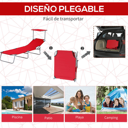 Outsunny Conjunto de 2 Espreguiçadeiras Dobrável de Jardim Reclináveis com Toldo Desmontável Ângulo Regulável e Encosto Ajustável em 4 Níveis 187x58x36 cm Vermelho