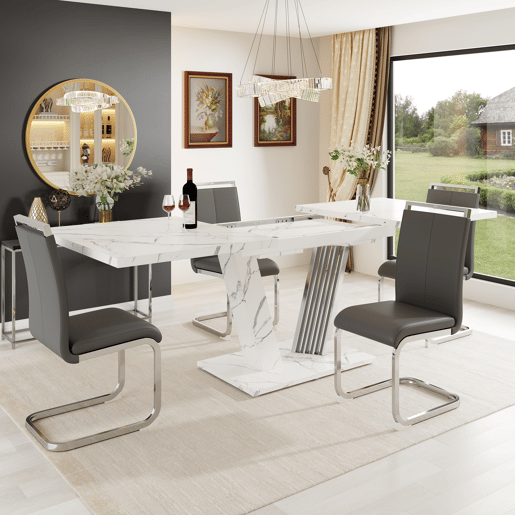 Conjunto de sala de jantar de 5 peças 120(160)x80x76 cm - Mesa extensível com 4 cadeiras de couro sintético cinza - Branco Conjunto de sala de jantar de 5 peças 120(160)x80x76 cm - Mesa extensível com 4 cadeiras de couro sintético cinza - Branco
