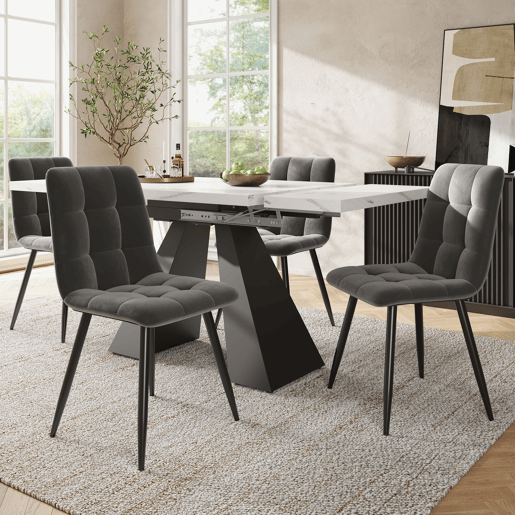 Conjunto de sala de jantar de 5 peças - Mesa extensível em mármore (para 4 pessoas) - Cadeiras em veludo cinza - Branco