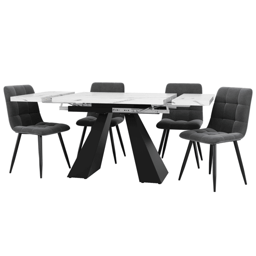 Conjunto de sala de jantar de 5 peças - Mesa extensível em mármore (para 4 pessoas) - Cadeiras em veludo cinza - Branco