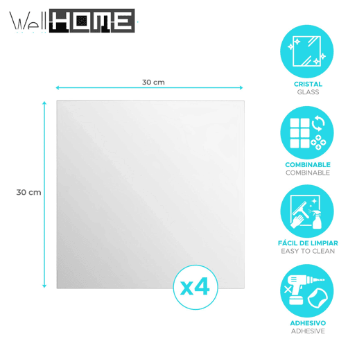 Conjunto Well Home com 4 espelhos quadrados decorativos adesivos.