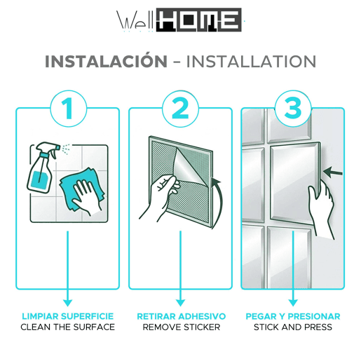 Conjunto Well Home com 4 espelhos quadrados decorativos adesivos.